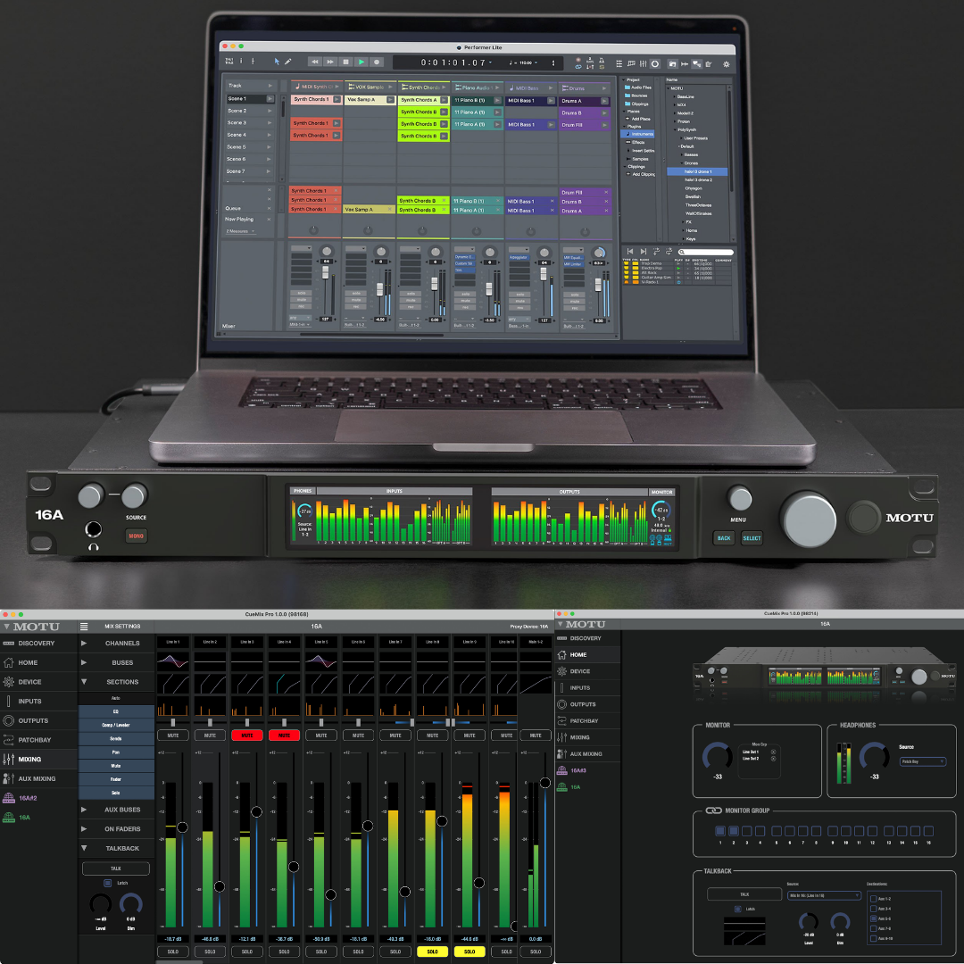 MOTU 16A Audio Interface with Ableton Live DAW laptop, CueMix 5 web app mixer and routing software for studio recording