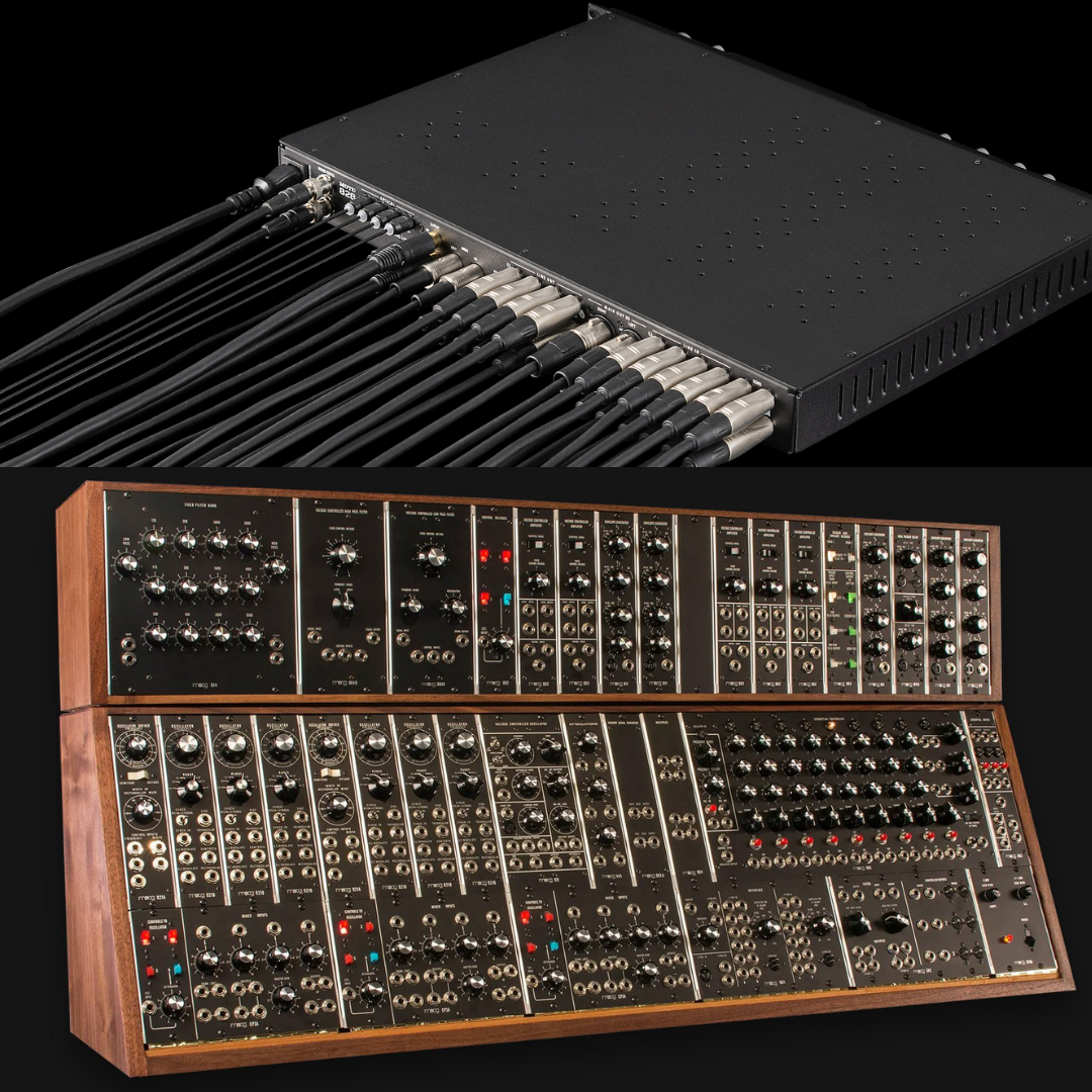 MOTU 16A Rack Mount Audio Interface with multi-cable TRS connections integrated with modular synthesizer in studio setup