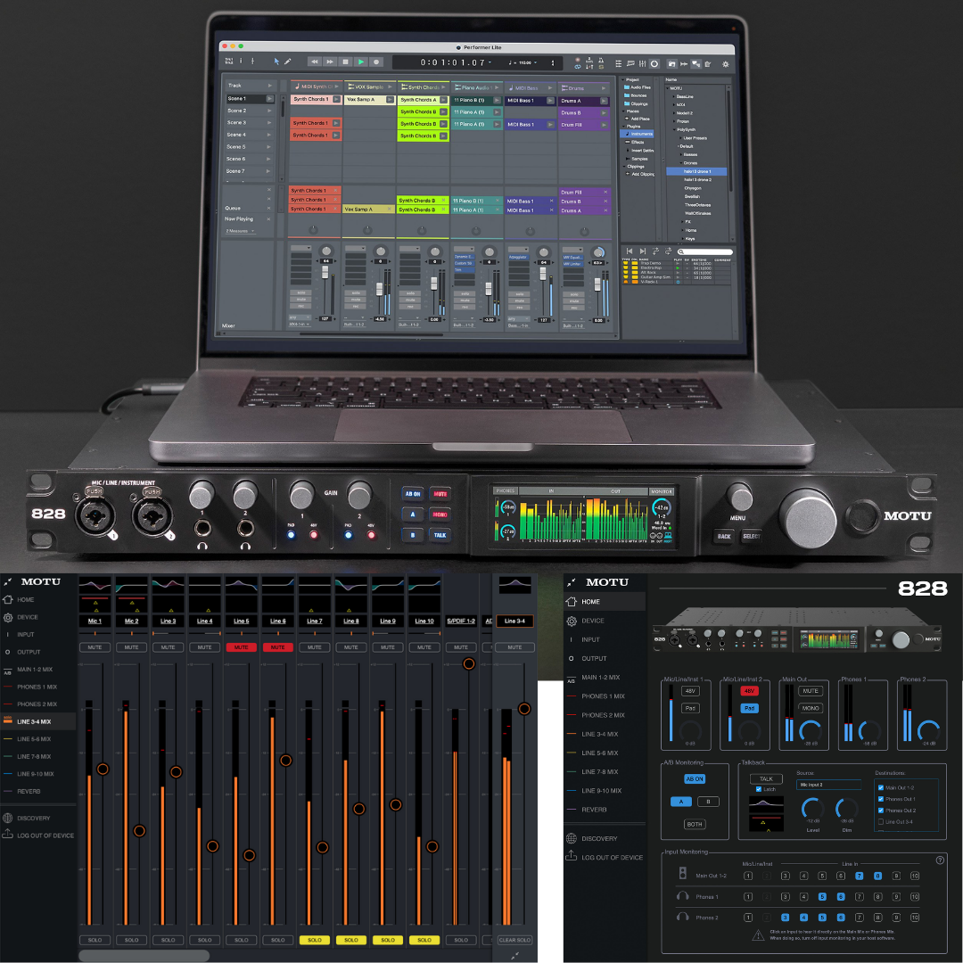 MOTU 828 Audio Interface with Ableton Live DAW laptop, web app mixer and routing software for studio recording