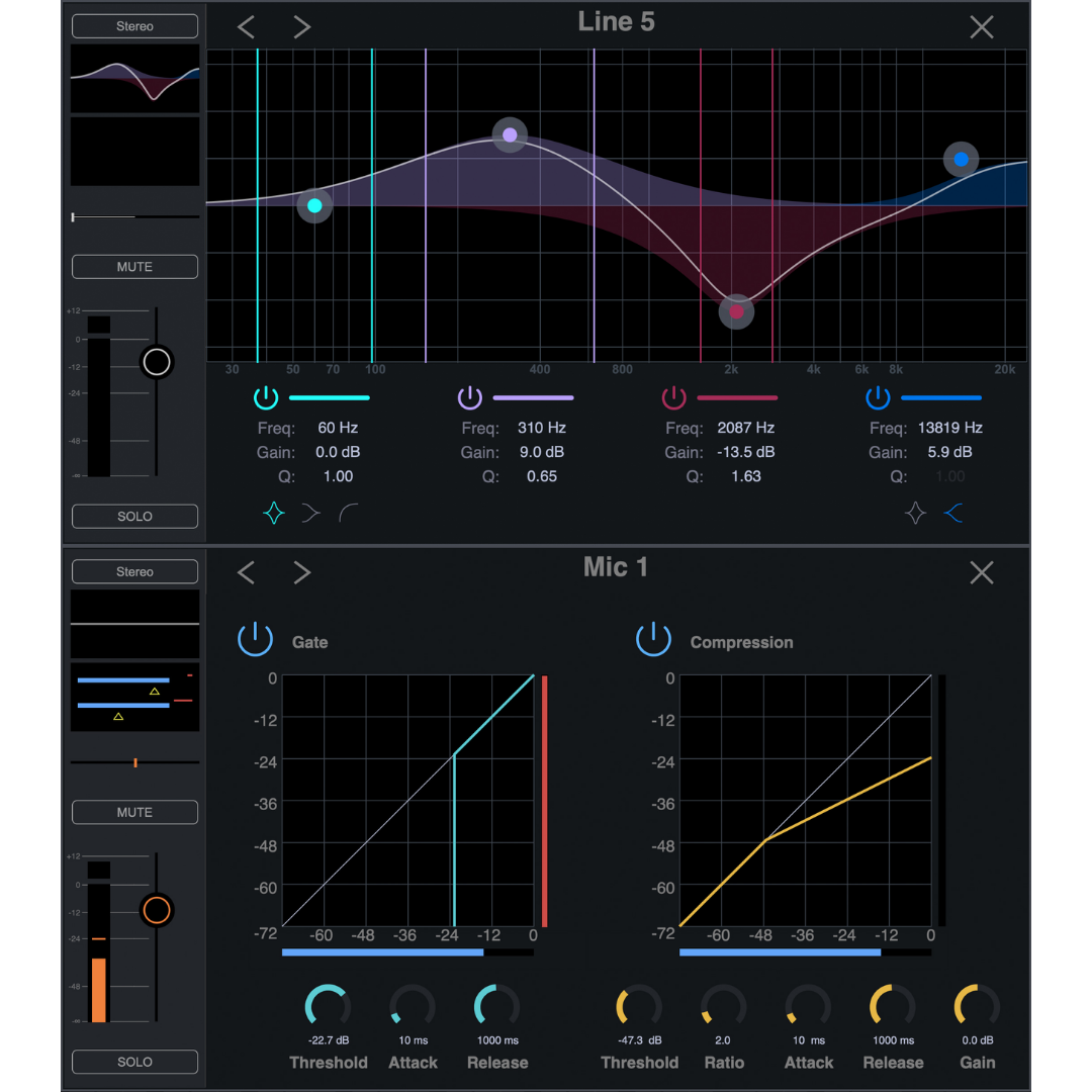 MOTU 828 CueMix 5 built-in DSP showing parametric EQ, gate and compressor on line and mic input channels