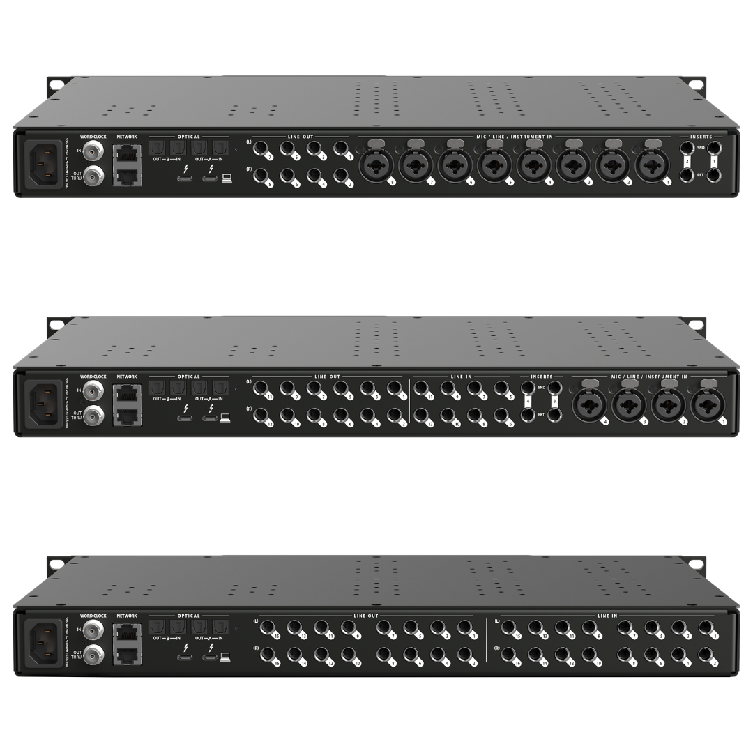 MOTU AVB Switch compatible devices showing MOTU 848, 16A and 10PRE rack mount AVB audio interfaces rear panel