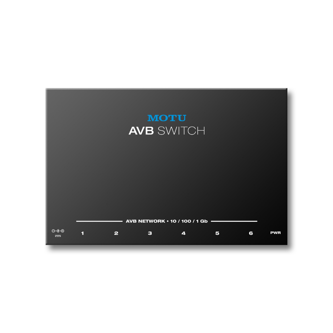 MOTU AVB Switch product render showing front panel with 6 AVB network ports at 10/100/1Gb and power indicator