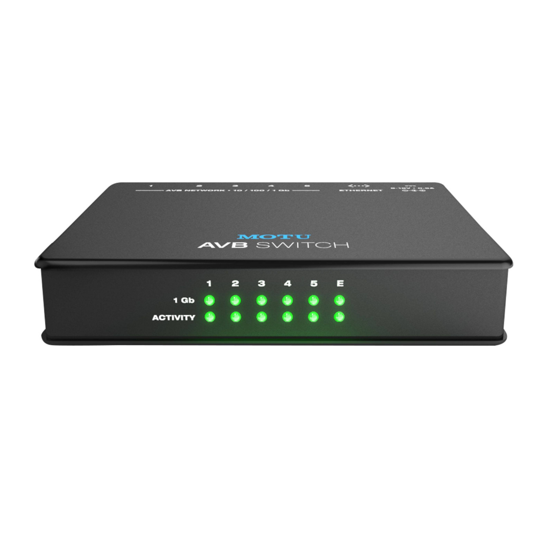 MOTU AVB Switch top panel showing 1Gb and Activity LED indicators for all 5 ports for AVB audio networking
