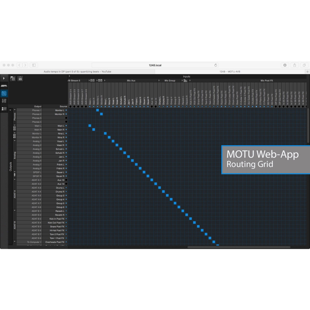 MOTU AVB Switch web app routing grid showing AVB audio signal routing and patching matrix for browser-based control