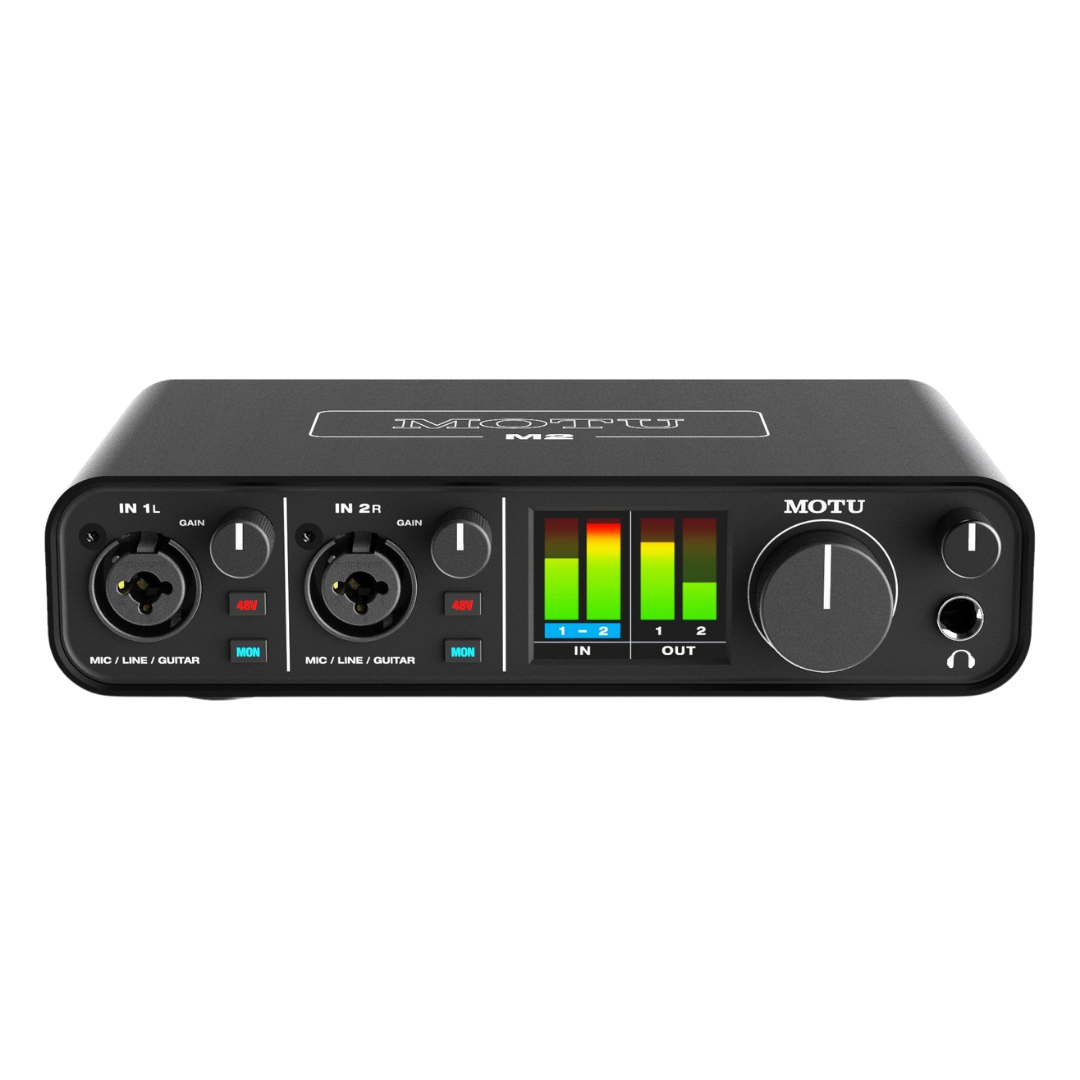 MOTU M2 Audio Interface Front Panel showing Dual XLR Combo Inputs, Gain Knobs, LCD Level Meters and Monitor Knob