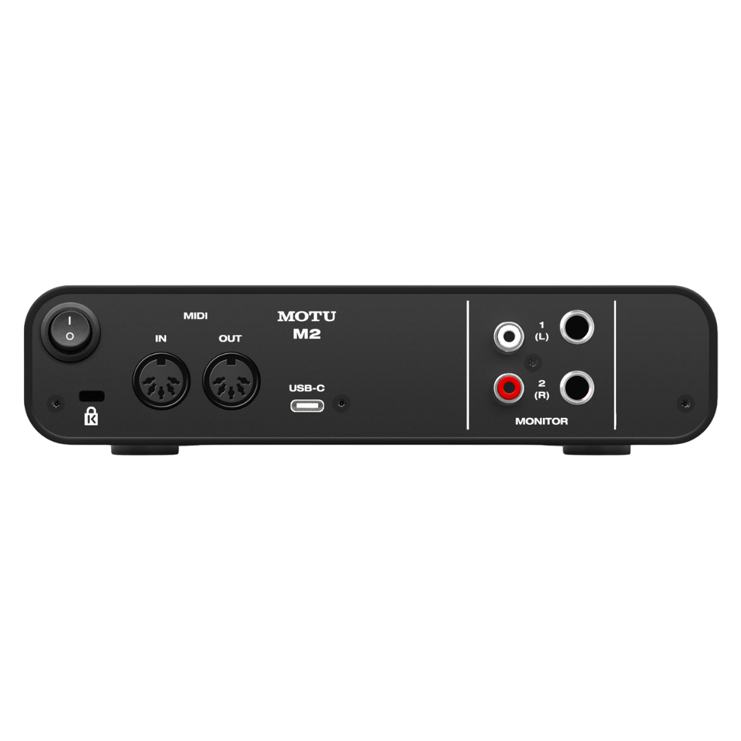 MOTU M2 Audio Interface Rear Panel showing MIDI In Out, USB-C Port, RCA Outputs and Balanced Monitor Outputs
