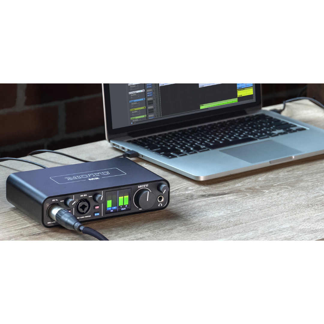 MOTU M2 Audio Interface connected via USB-C to Laptop for Low Latency Music Production and Studio Recording