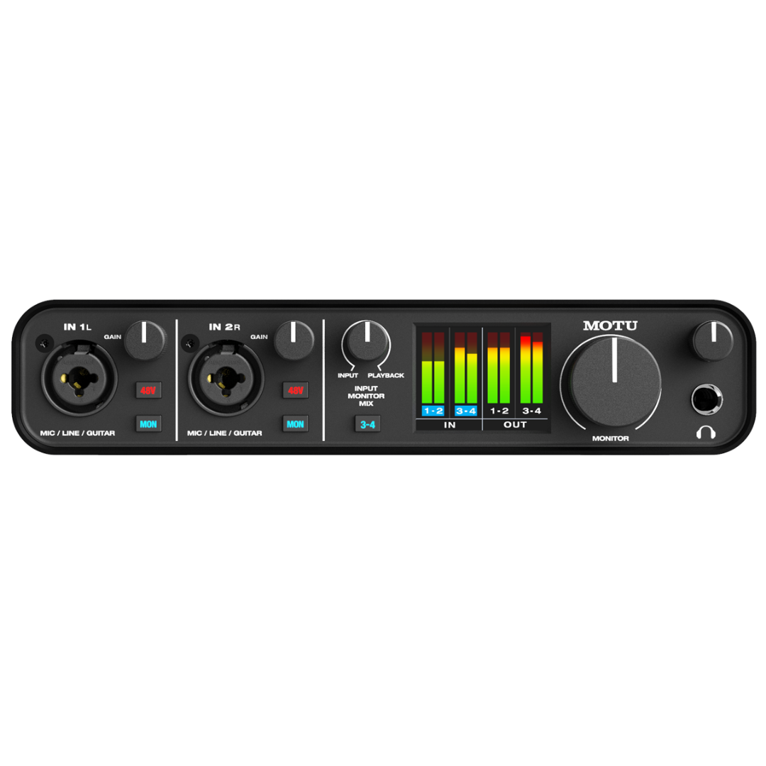 MOTU M4 Audio Interface Front Panel showing Dual XLR Combo Inputs, Gain Knobs, LED Level Meters and Headphone Output