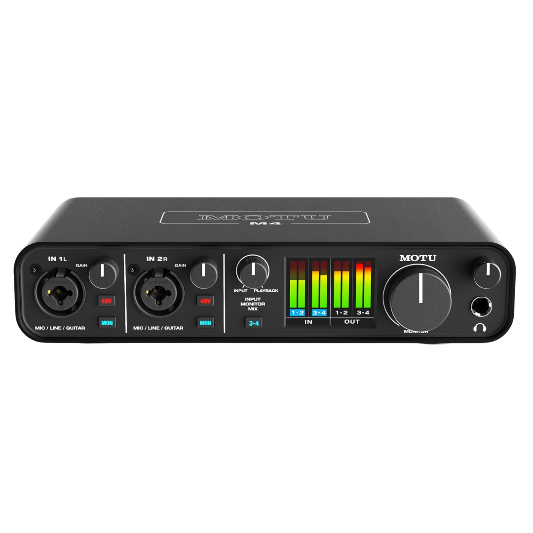 MOTU M4 Audio Interface Front Panel showing Dual XLR Combo Inputs, Gain Knobs, LCD Level Meters and Monitor Knob