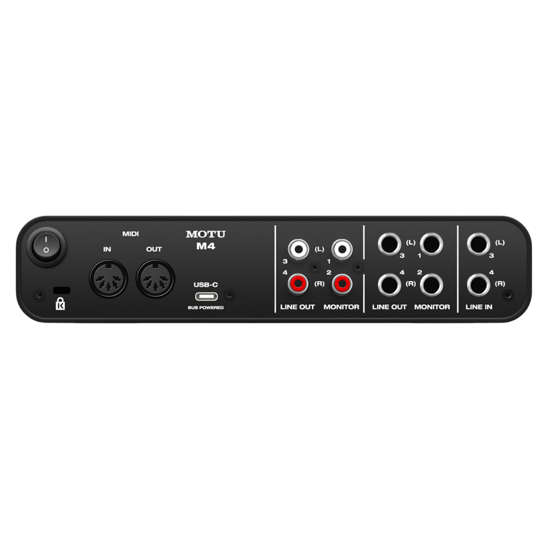 MOTU M4 Audio Interface Rear Panel showing MIDI In Out, USB-C Port, RCA Line Outputs, Monitor Outputs and Line In