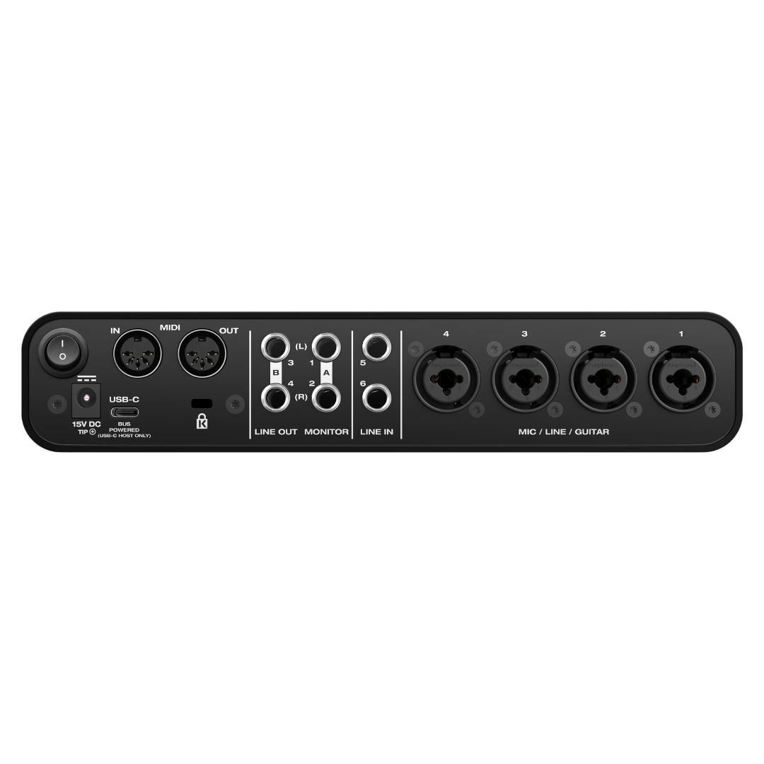 MOTU M6 Audio Interface Rear Panel showing MIDI In Out, USB-C, Line Out, Monitor, Line In and 4 XLR Combo Inputs
