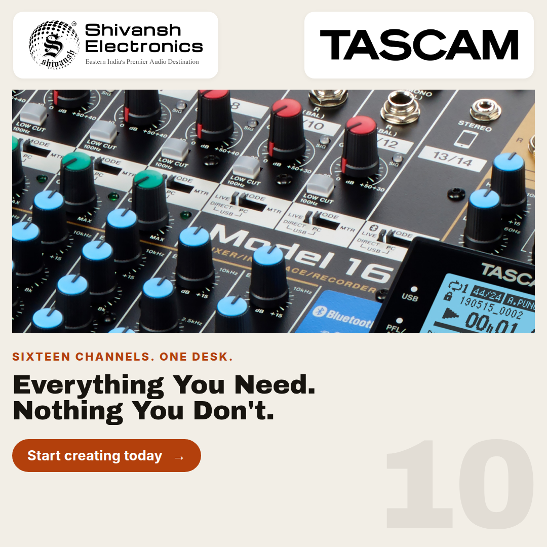 Promotional graphic for the TASCAM Model 16 USB Recorder, showing a close-up of the device's front panel with multiple faders and knobs. The graphic includes branding for Shivansh Electronics and TASCAM, along with marketing text and a 'Start creating today' button.
