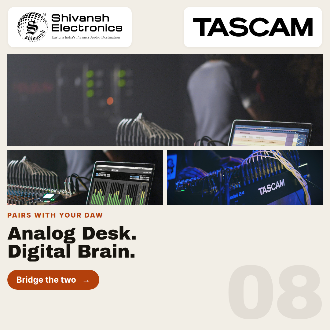 Promotional graphic for TASCAM analog desk accessories, featuring the TASCAM logo, Shivansh Electronics branding, and three product photos showing audio equipment, cables, and a laptop in a dark studio setting.