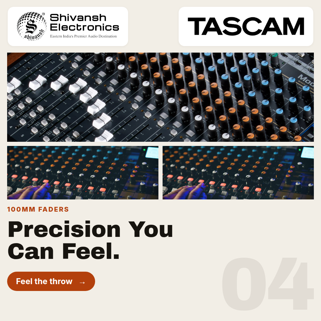 Promotional graphic for Shivansh Electronics TASCAM 100mm faders, showing close-up views of the mixing board controls and a hand adjusting a fader, with branding and text on a light beige background.