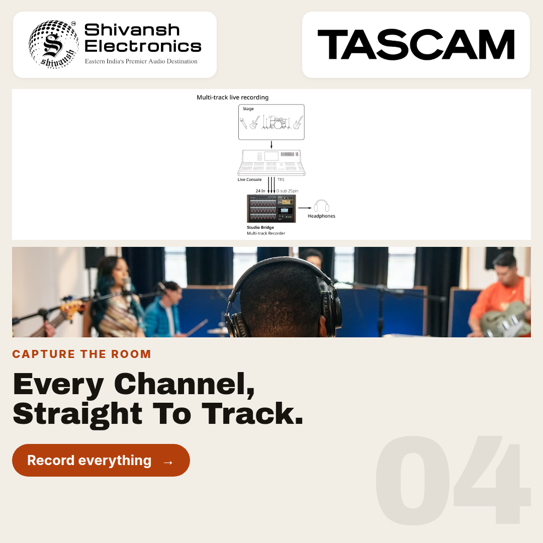 Promotional graphic for a TASCAM audio device by Shivansh Electronics, featuring the TASCAM logo, a small technical diagram, a photo of a live recording studio scene with a person wearing headphones, and marketing text reading 'Capture the room, Every channel, Straight to track.'.
