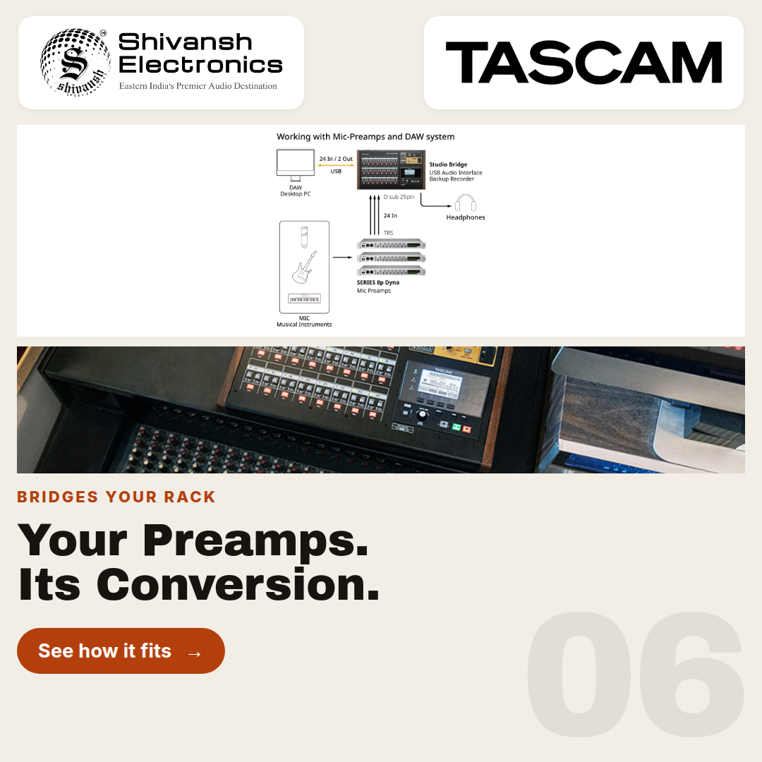 Promotional graphic for a TASCAM audio device by Shivansh Electronics, featuring the TASCAM logo, a technical wiring diagram, a photo of the rack-mounted preamp unit, and marketing text on a beige background.