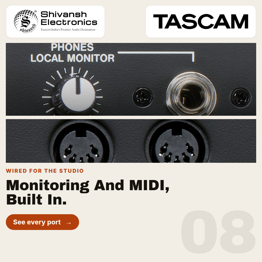 Promotional graphic for a TASCAM audio device showing close-up views of the front panel with a white volume knob labeled Phones Local Monitor, a clear 1/4-inch jack, and XLR connectors. The design includes the TASCAM logo, Shivansh Electronics branding, and marketing text on a light beige background.