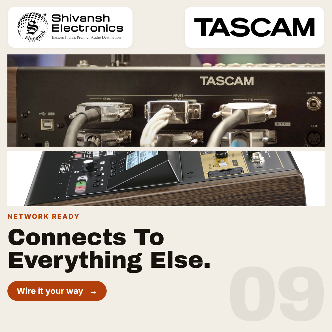Promotional graphic for the TASCAM audio device by Shivansh Electronics, showing close-up views of the front and rear of a black TASCAM network-ready audio unit with cables connected, on a light beige background with branding and text.