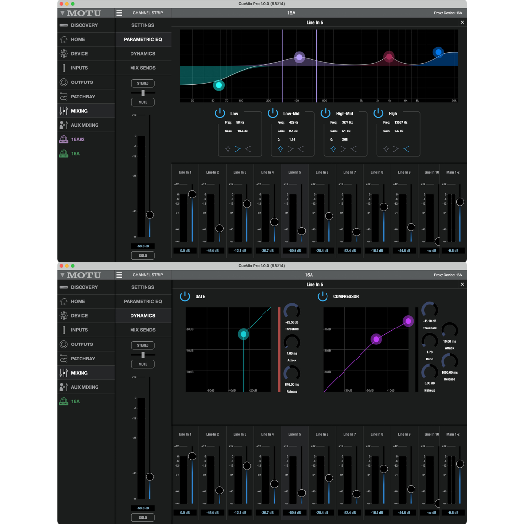 MOTU 16A CueMix Pro showing parametric EQ, dynamics gate and compressor DSP with channel strip and mixer faders