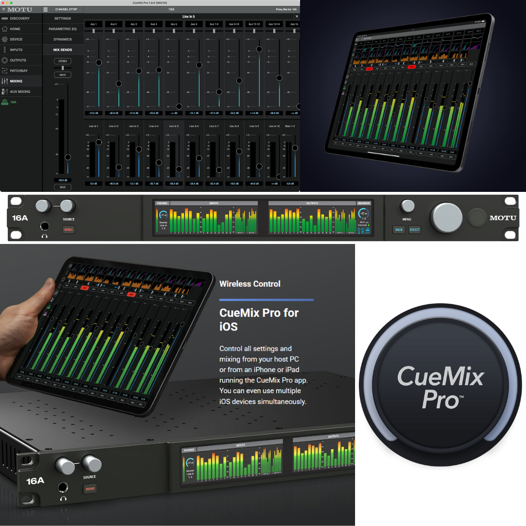 MOTU 16A with CueMix Pro iOS wireless control showing iPad mixer, web app channel faders, mute solo and phones mix