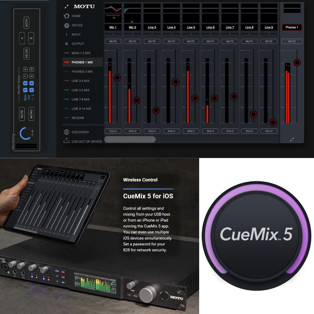 MOTU 828 Audio Interface with CueMix 5 software showing web app mixer, iPad control, mute solo and channel faders