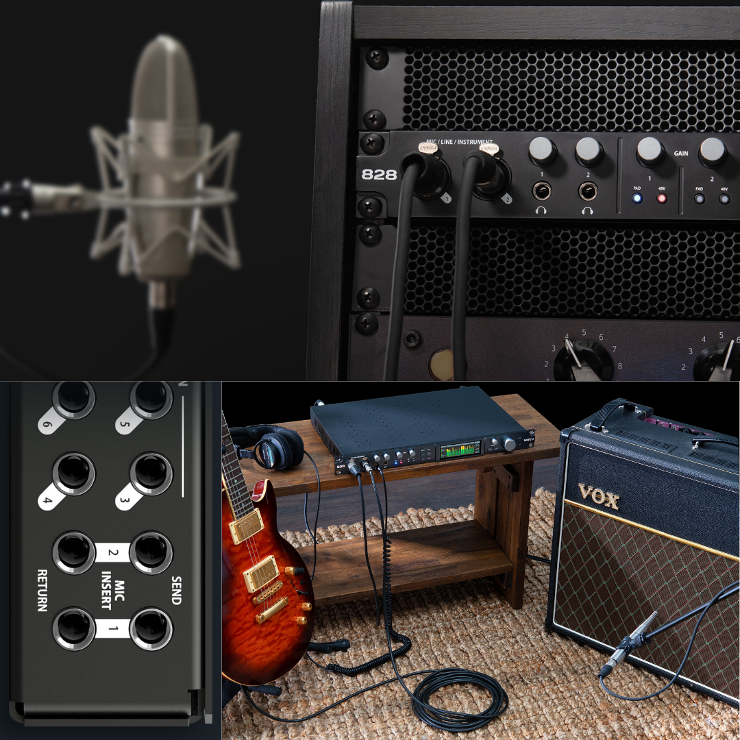 MOTU 828 Audio Interface with condenser mic, electric guitar, VOX amp and mic insert send return for studio recording