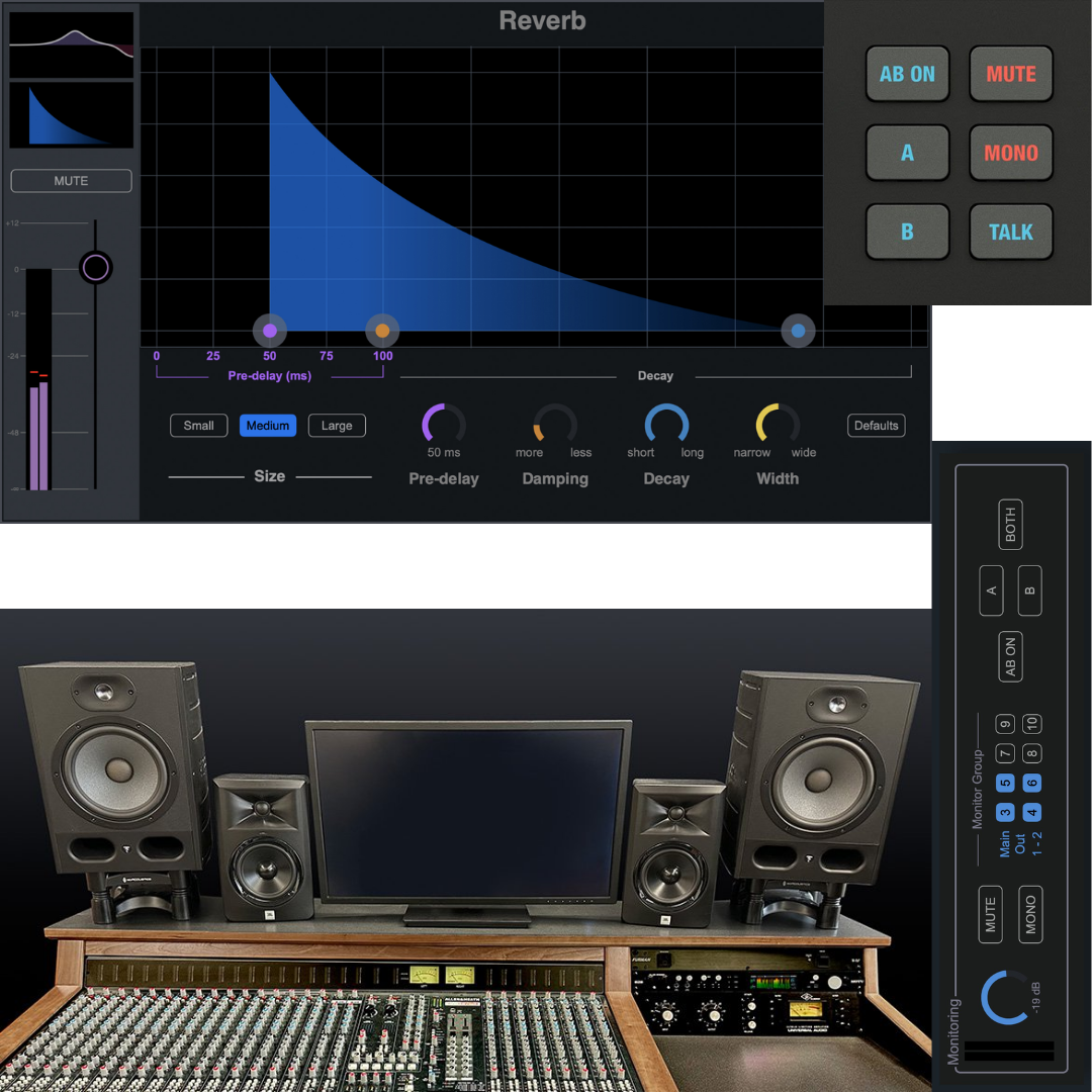 MOTU 828 CueMix 5 built-in reverb DSP showing pre-delay, damping, decay and width controls with studio monitors