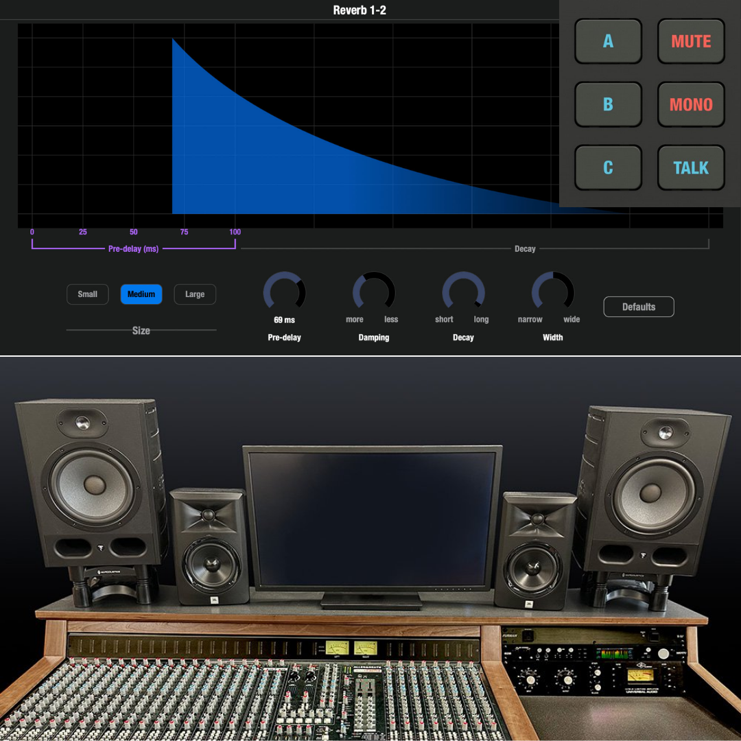 MOTU 848 CueMix Pro Reverb DSP Plugin with Professional Recording Studio Console and Monitor Speakers