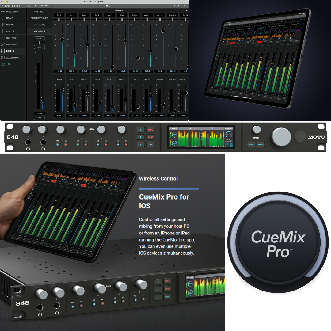 MOTU 848 with CueMix Pro for iOS showing Wireless Mixer Control on iPad and iPhone