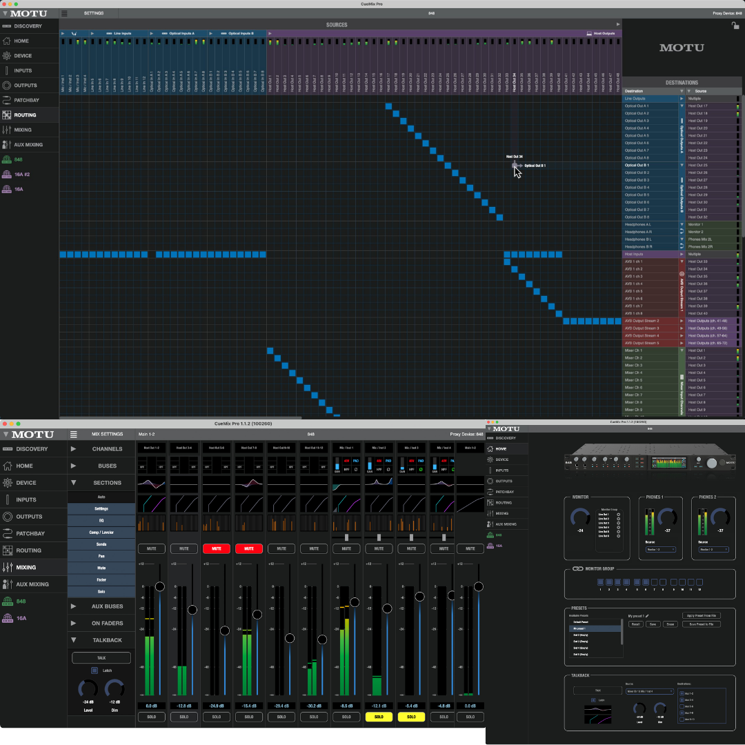 MOTU 848 Web App Routing Grid and Internal Mixer Interface for Browser-Based Audio Routing Control