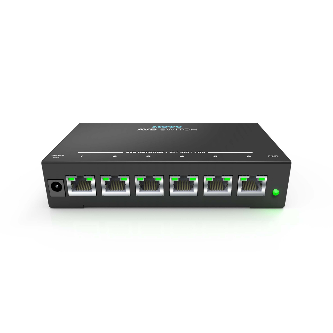 MOTU AVB Switch front panel showing 5 Gigabit RJ45 Ethernet ports, power connector and activity LED on white background