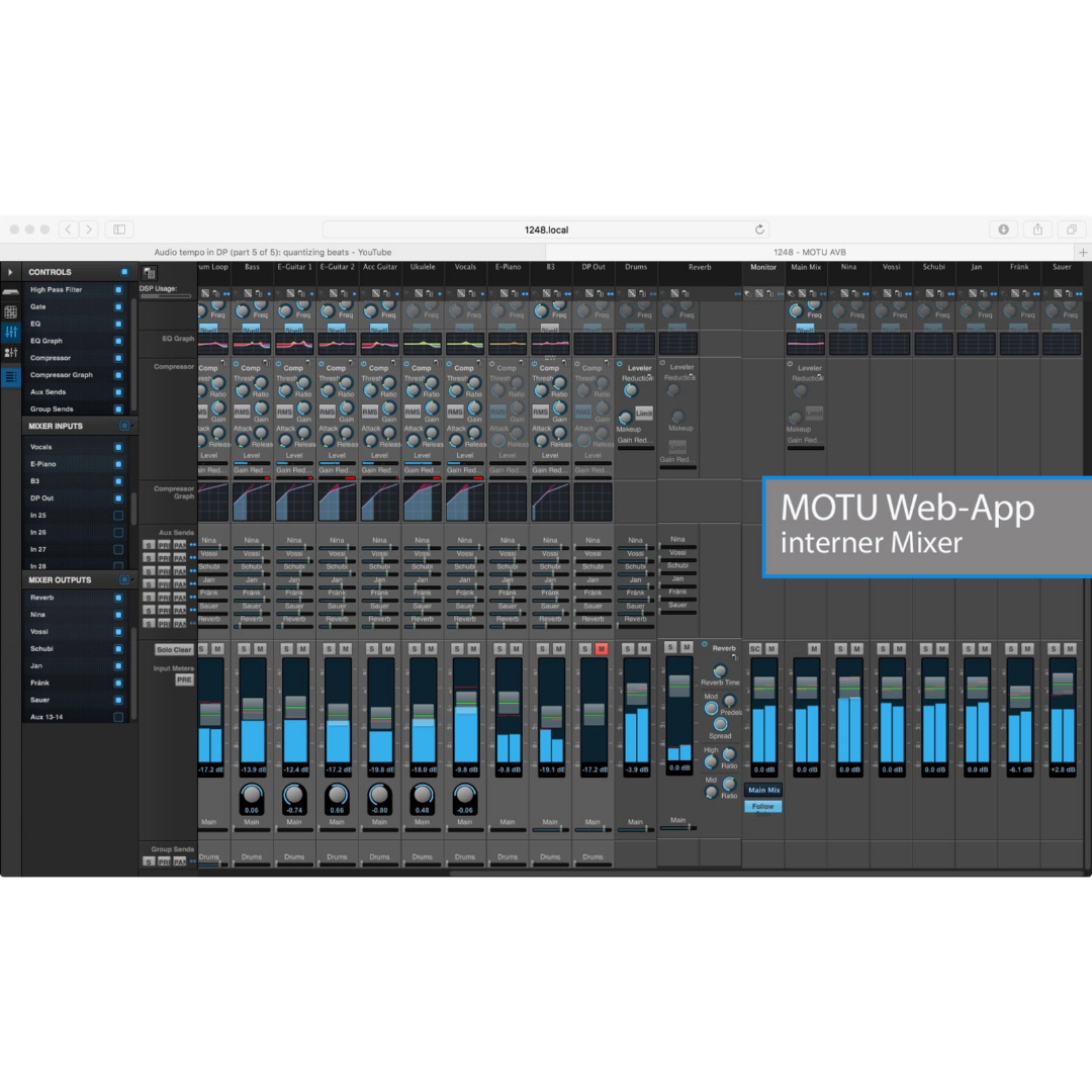 MOTU AVB Switch web app internal mixer interface showing channel faders, EQ and browser-based audio routing control