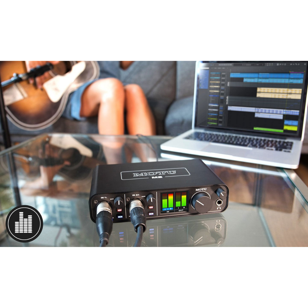 MOTU M2 Audio Interface on Desktop with DAW Laptop for Home Studio Recording and Music Production
