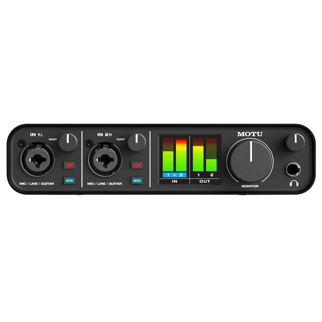 MOTU M2 Audio Interface Front Panel showing Dual XLR Combo Inputs, Gain Knobs, LCD Level Meters and Monitor Knob