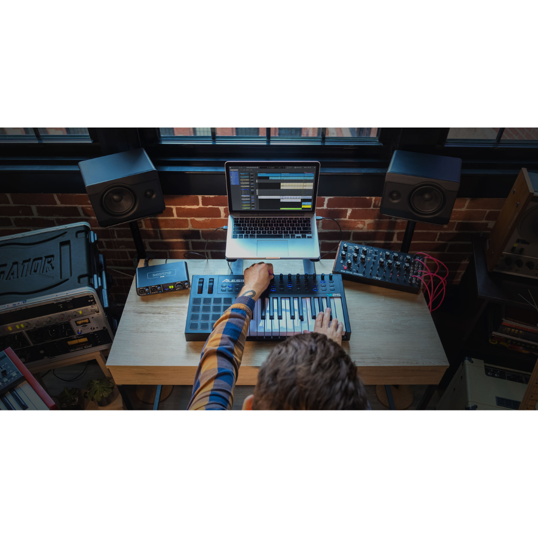 MOTU M2 Audio Interface at Studio Producer Workstation with MIDI Keyboard, Studio Monitors and DAW