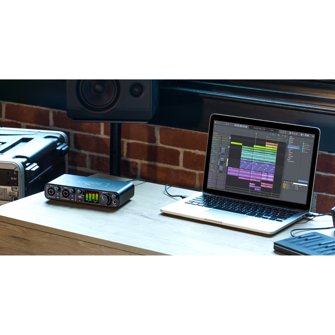 MOTU M4 Audio Interface on Desktop with DAW Laptop, Studio Monitor for Music Production and Recording