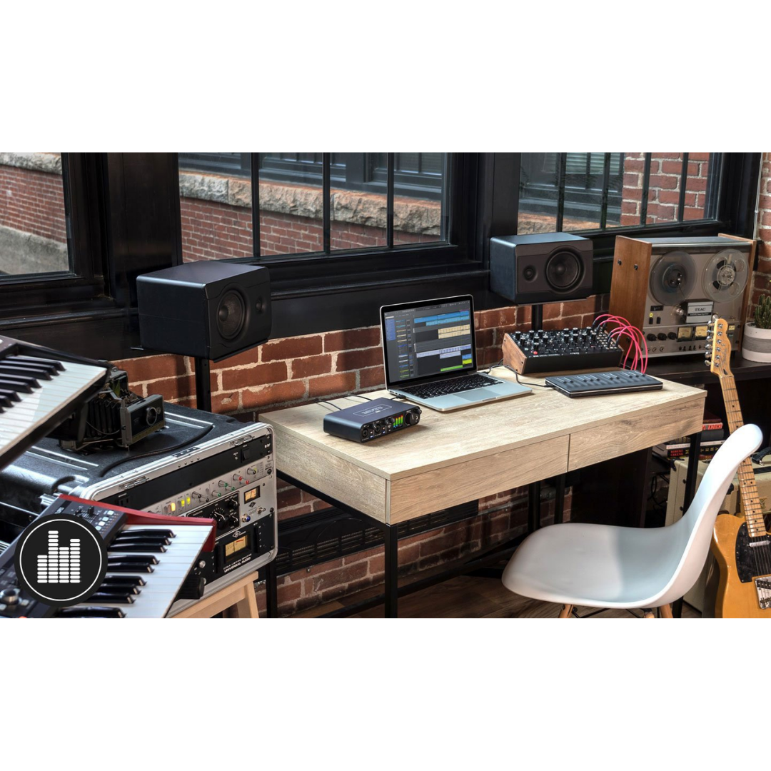 MOTU M4 Audio Interface in Full Studio Setup with MIDI Keyboard, Guitar, Studio Monitors and DAW Laptop