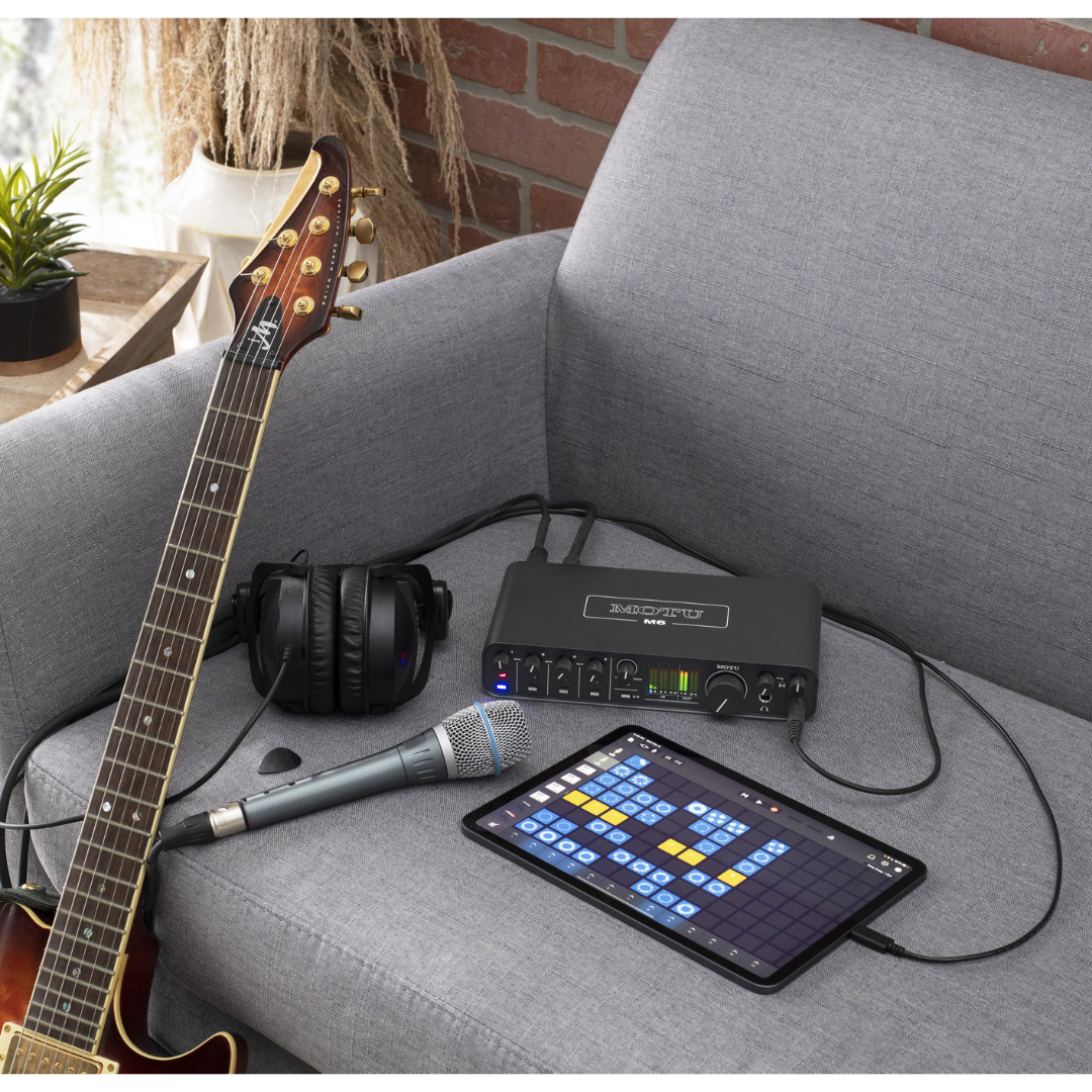 MOTU M6 Audio Interface with electric guitar, dynamic mic, headphones and iPad for home studio recording