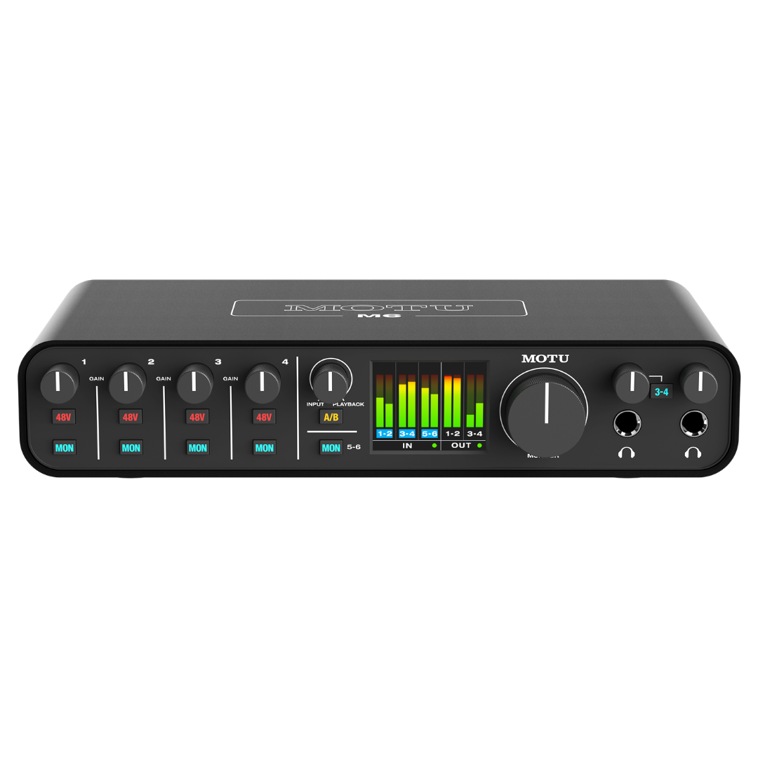 MOTU M6 Audio Interface Front Panel showing 4 Gain Knobs, 48V Phantom Power, LED Level Meters, Monitor Knob and Dual Headphone Outputs