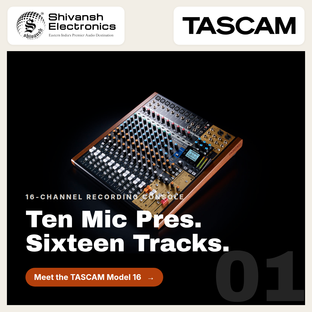 Promotional graphic for the TASCAM Model 16 recording console by Shivansh Electronics, showing the console at an angle on a black background with large white text reading 'Ten Mic Pres. Sixteen Tracks.
