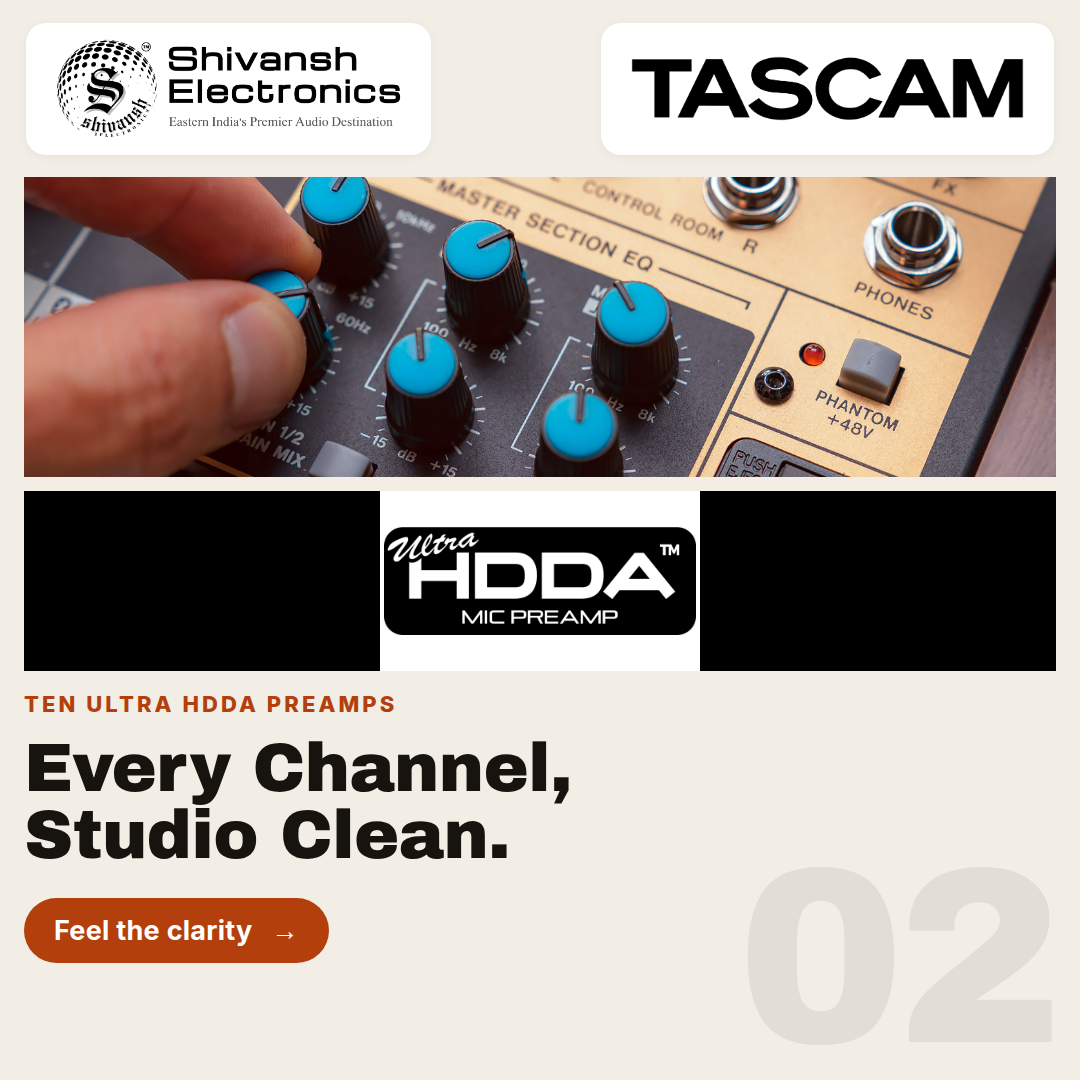 Promotional graphic for TASCAM Ultra HDDA Mic Preamp, featuring a close-up of a hand adjusting knobs on a preamp unit, with the TASCAM logo, Shivansh Electronics branding, and product text on a beige background.