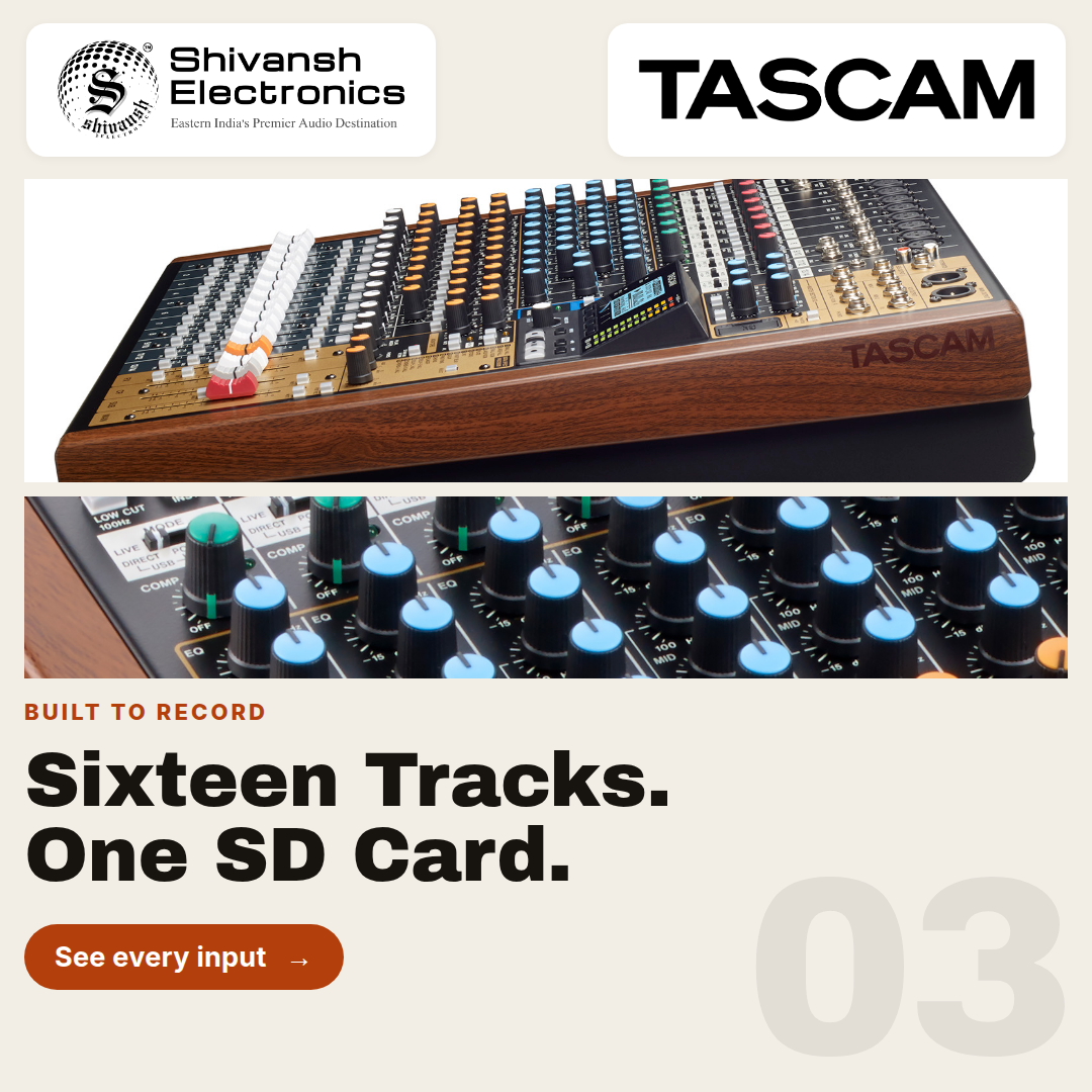 TASCAM 16-track audio sampler device with a dark wood front panel, faders, and blue rotary knobs, shown with branding text and a close-up of controls on a light beige background.