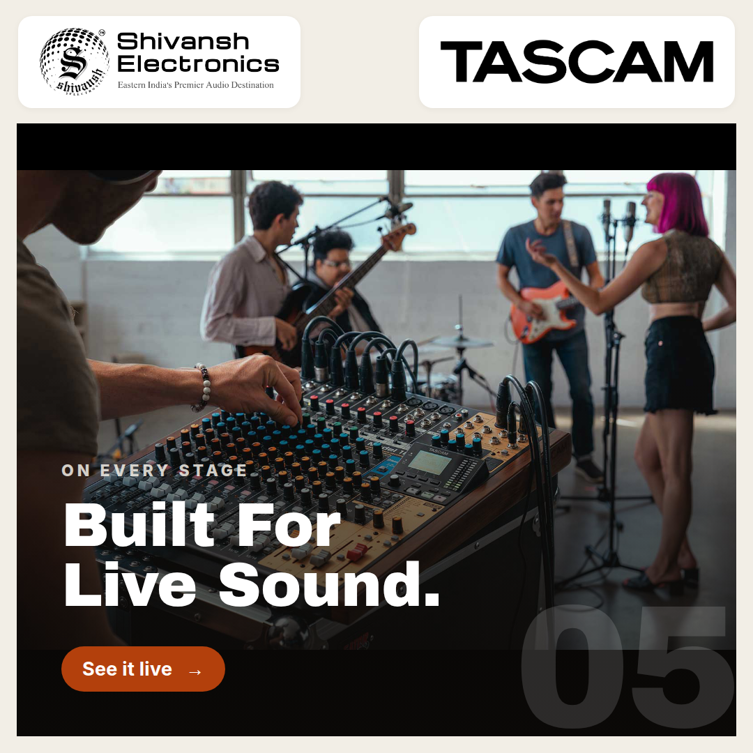 Promotional graphic for TASCAM audio equipment featuring a live band performing in a studio, with a mixing board in the foreground. The top of the graphic includes the Shivansh Electronics and TASCAM logos, with the text 'On every stage.