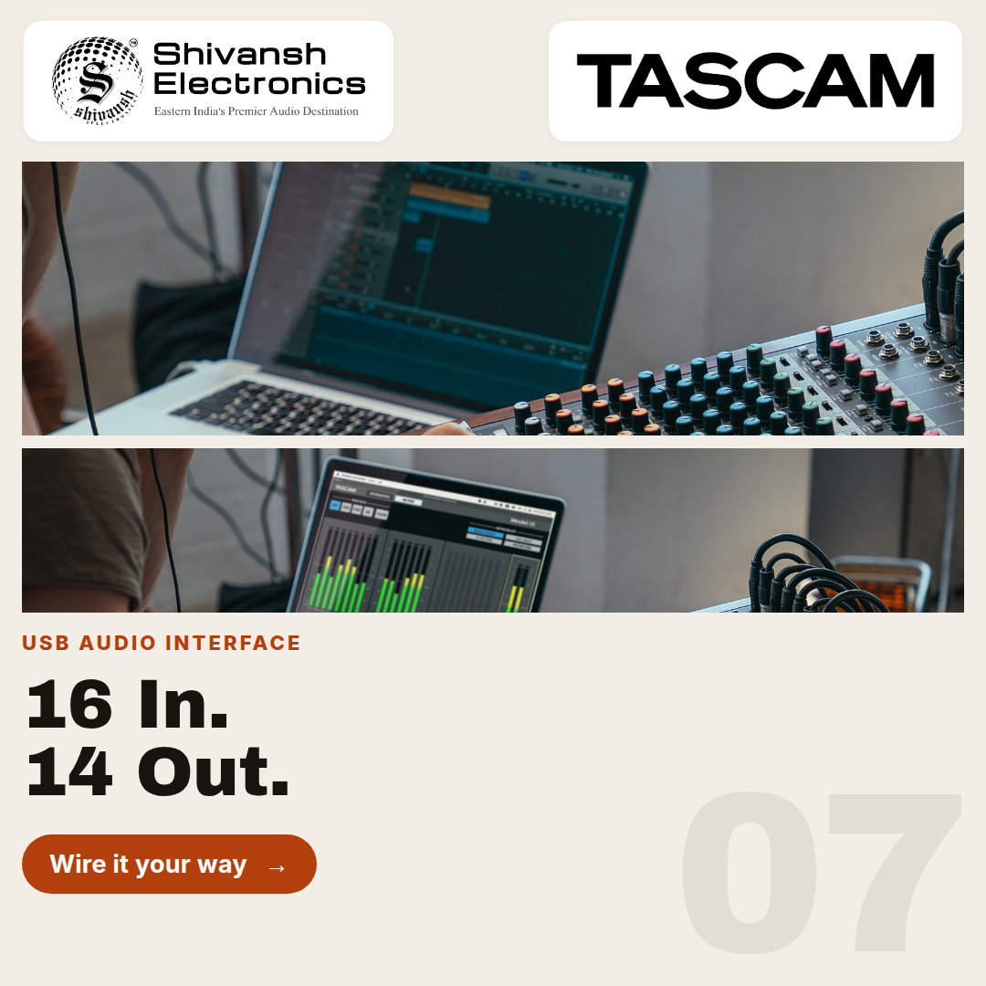 Promotional graphic for the TASCAM USB Audio Interface, featuring the TASCAM logo, Shivansh Electronics branding, and two photos of the interface connected to a laptop and audio software on a light beige background.