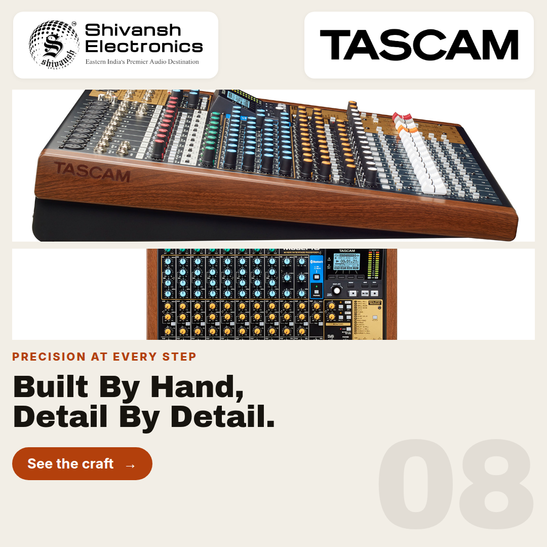 TASCAM audio mixer shown in a promotional layout with the TASCAM logo, Shivansh Electronics branding, and marketing text reading 'Built By Hand, Detail By Detail.' The product is displayed from angled top views and a close-up of the control panel.