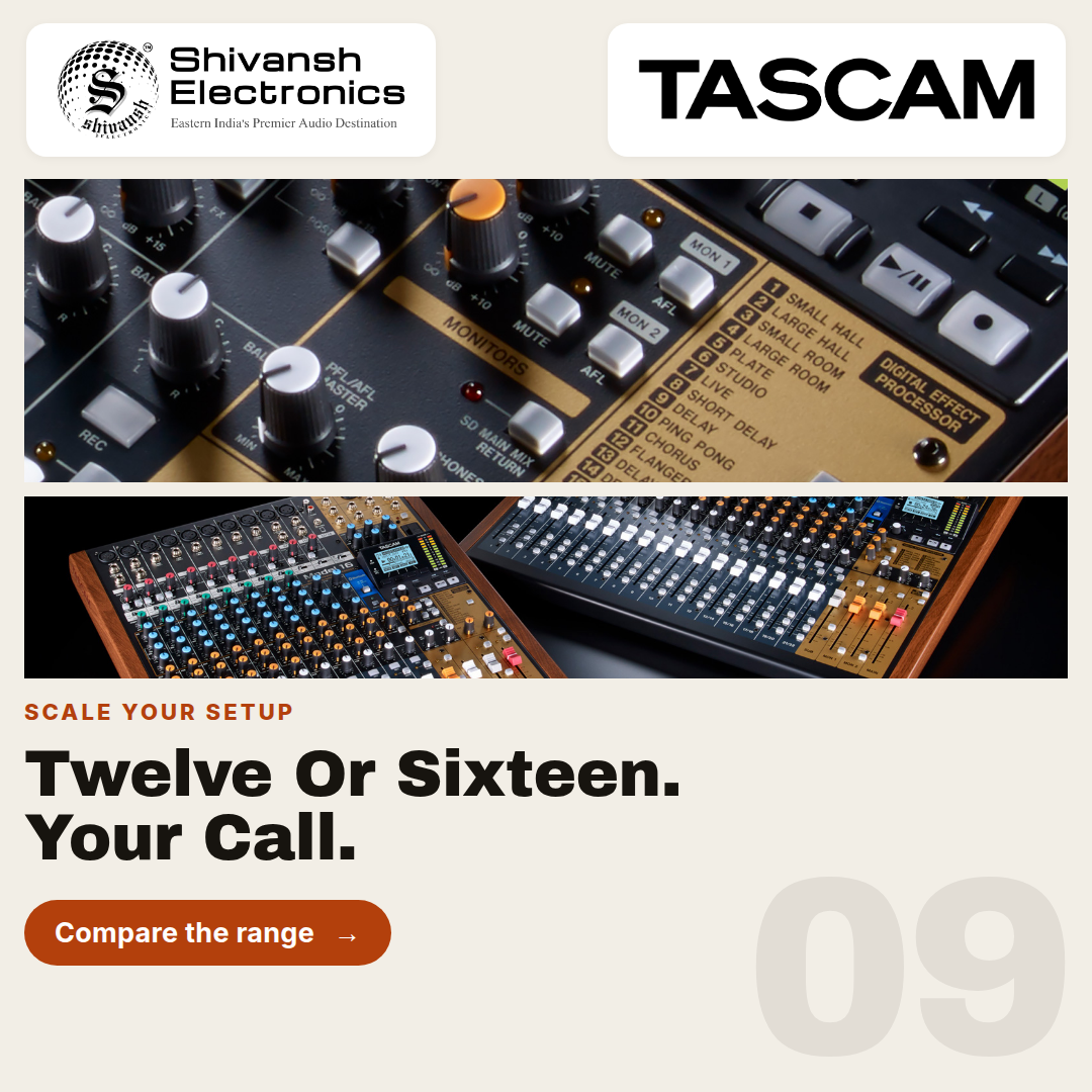Promotional graphic for TASCAM audio equipment, featuring two product photos of modular synthesizers with knobs, sliders, and gold-toned panels on a beige background. Visible brands include TASCAM and Shivansh Electronics.