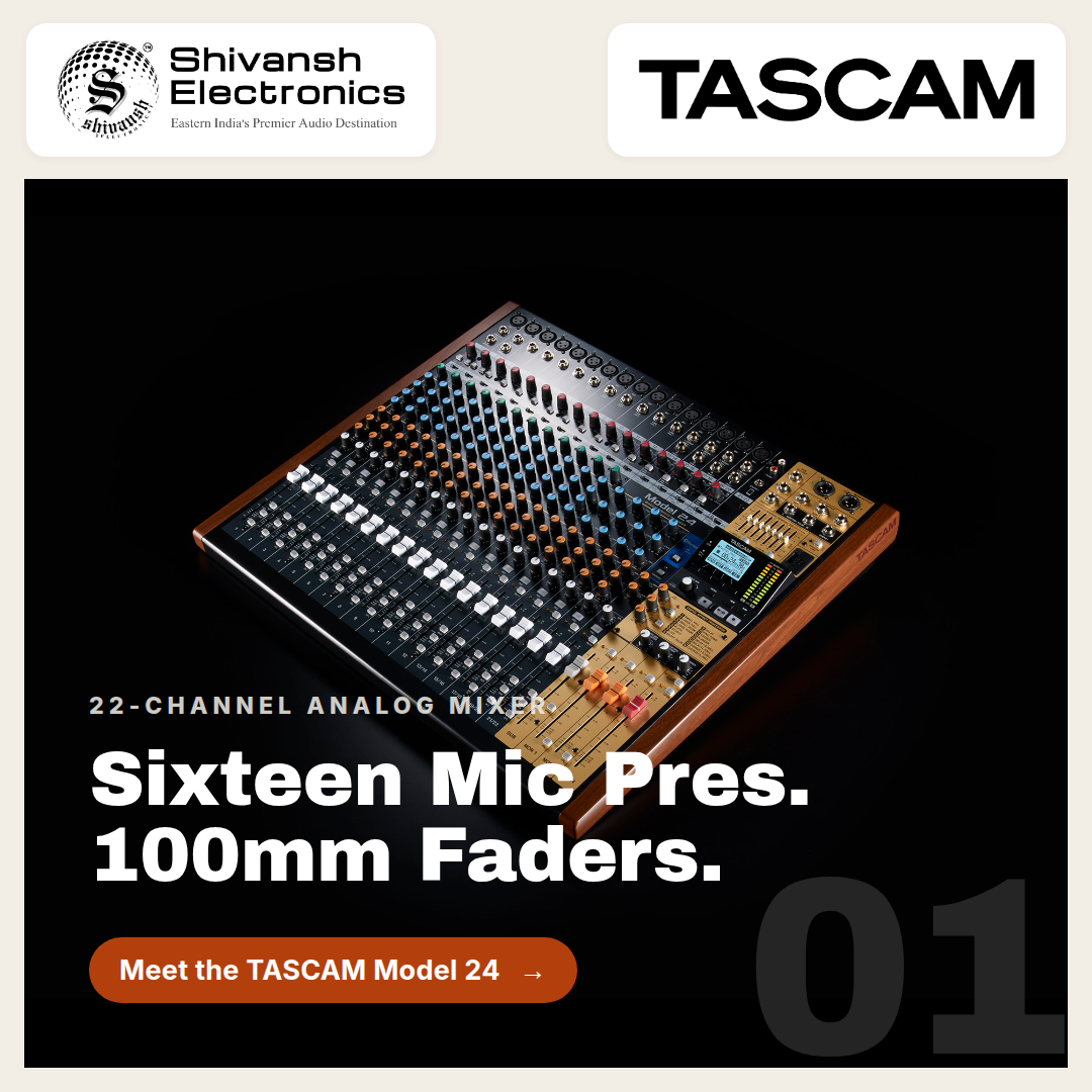 Promotional graphic for the TASCAM Model 24 analog mixer, showing a 22-channel mixer with sixteen microphone preamps and ten 100mm faders. The graphic features the TASCAM logo at the top right, the Shivansh Electronics logo at the top left, and descriptive text on a black background.