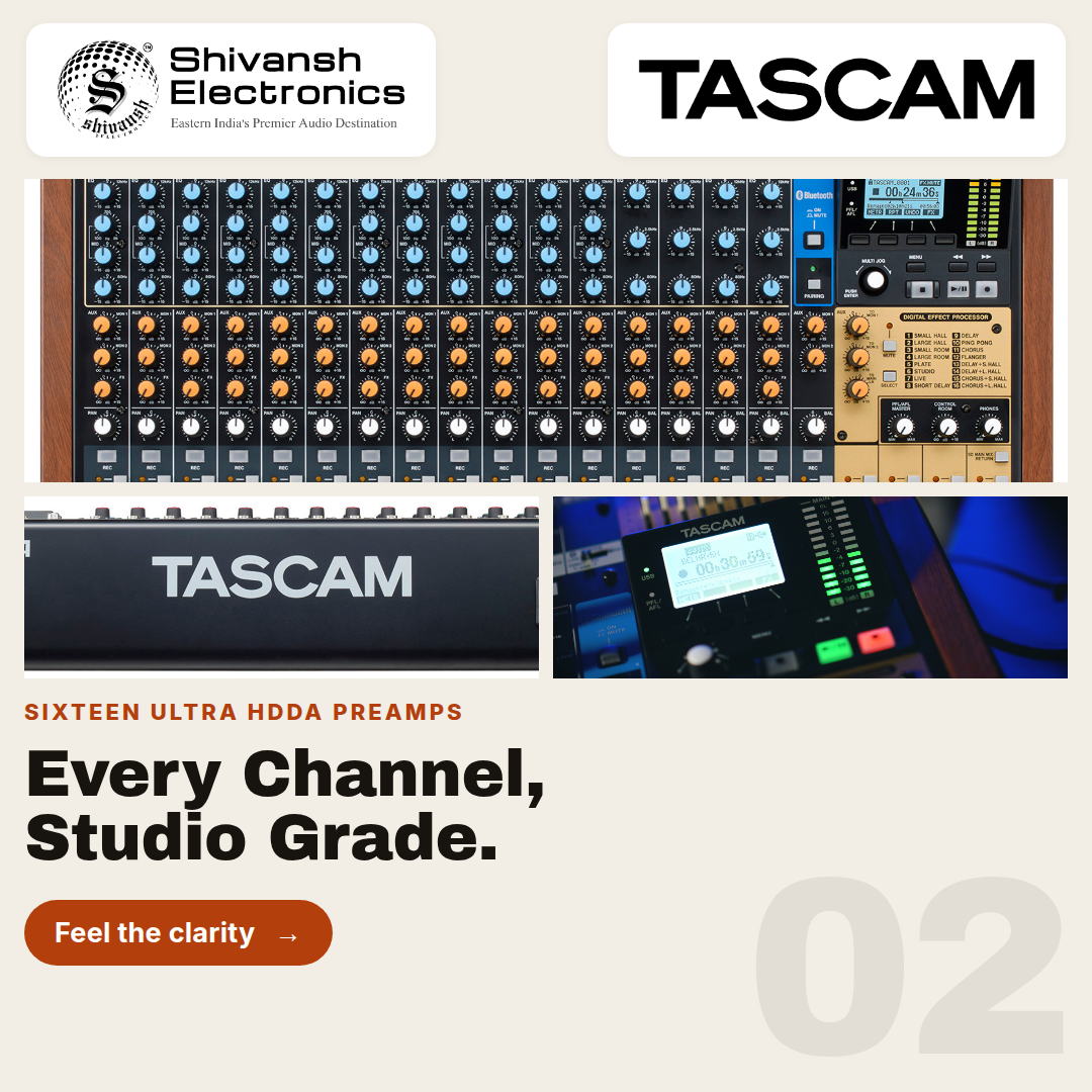 Promotional collage for a TASCAM audio mixing console, showing multiple product views including a top-down view of the control panel, a close-up of the TASCAM branding, and a monitor screen. Text reads 'Shivansh Electronics', 'TASCAM', 'Sixteen Ultra HDDA Preamps', and 'Every Channel, Studio Grade.