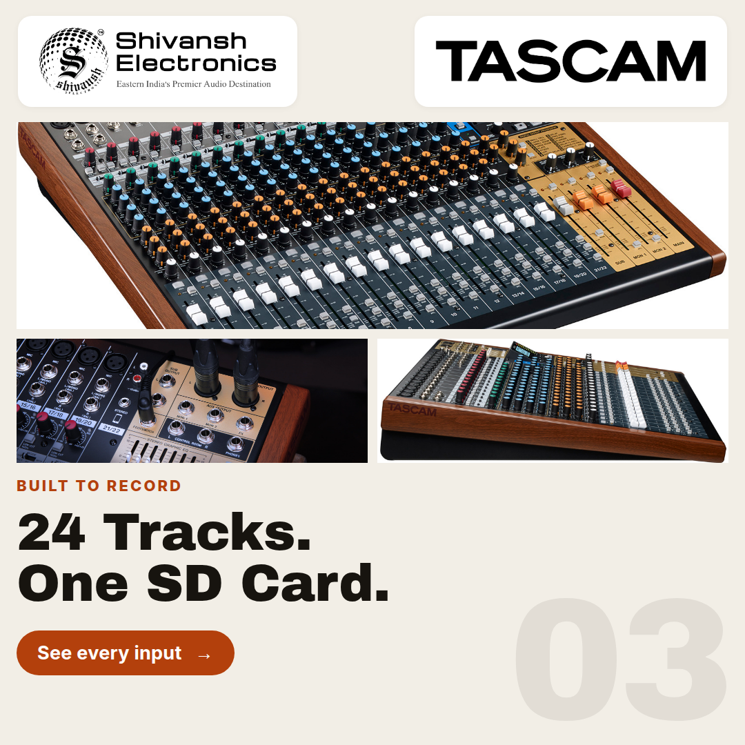 Promotional graphic for the TASCAM 24-track audio recorder, showing three product views on a light beige background with branding and text reading '24 Tracks. One SD Card.