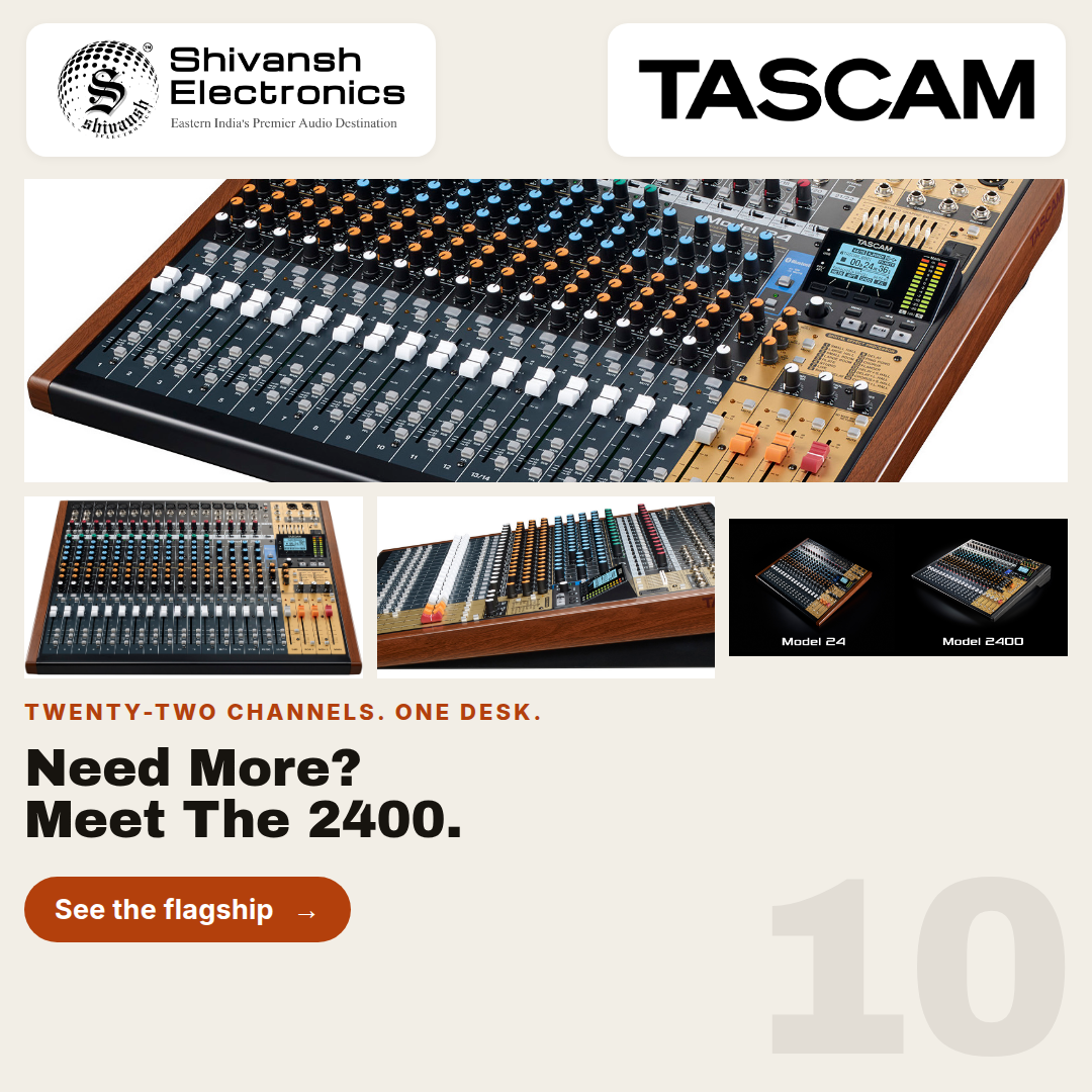 Promotional graphic for the TASCAM 2400 audio mixer by Shivansh Electronics, showing multiple views of the large 22-channel analog mixing console on a light beige background with text and brand logos.